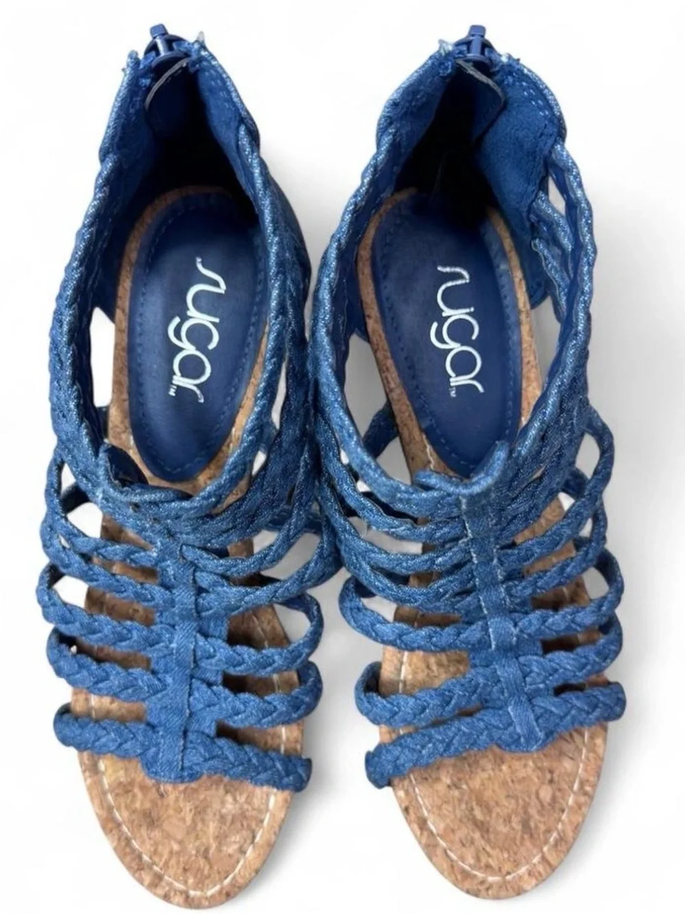 Sugar Blue Braided Cork Wedge Sandals